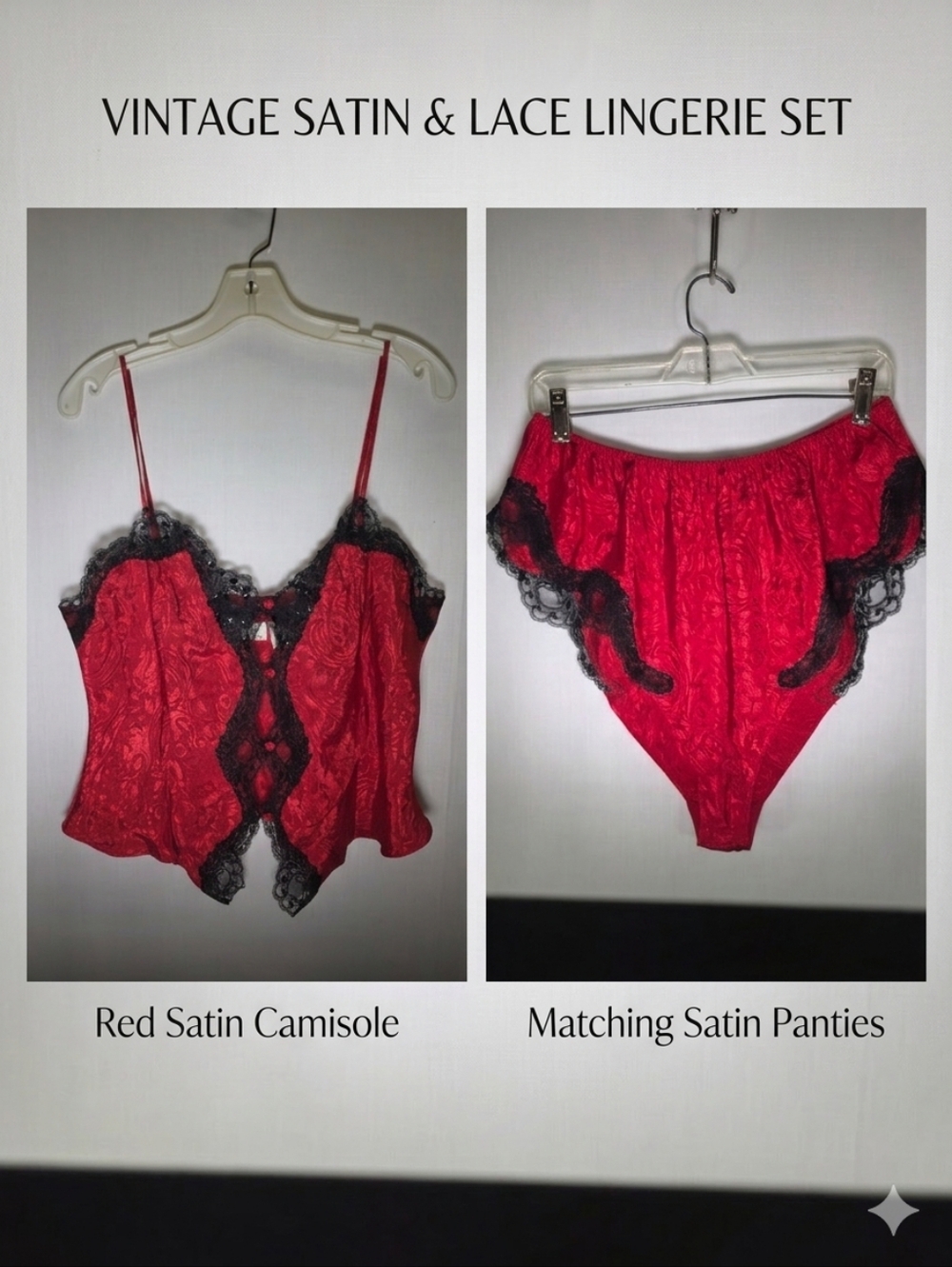 Vintage Delicates Red Jacquard Lace Cami & Tap Panty Set - Size Large - 90s Y2K